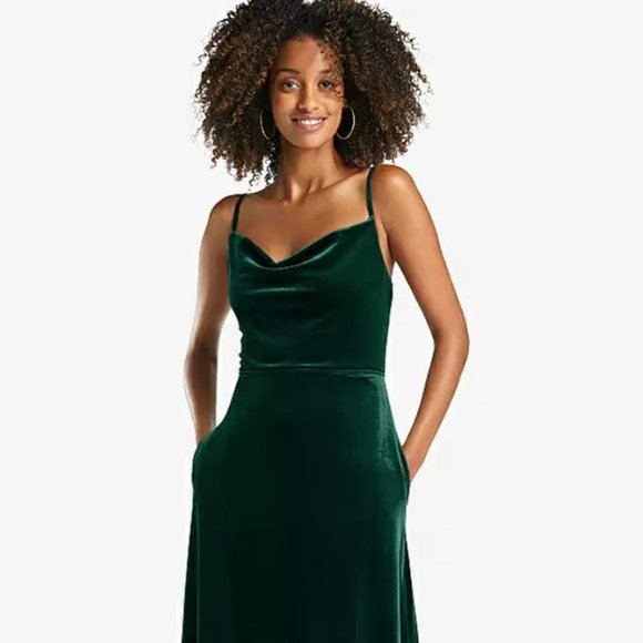 Velvet Bridesmaids Dress in Evergreen (Dessy 1541 - COWL-NECK VELVET MAXI DRESS)